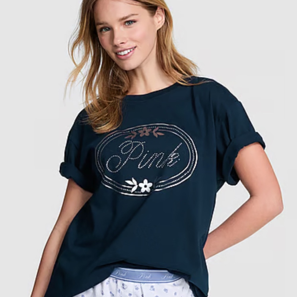 PINK Victoria's Secret Bling Campus Crew Short Sleeve T-shirt